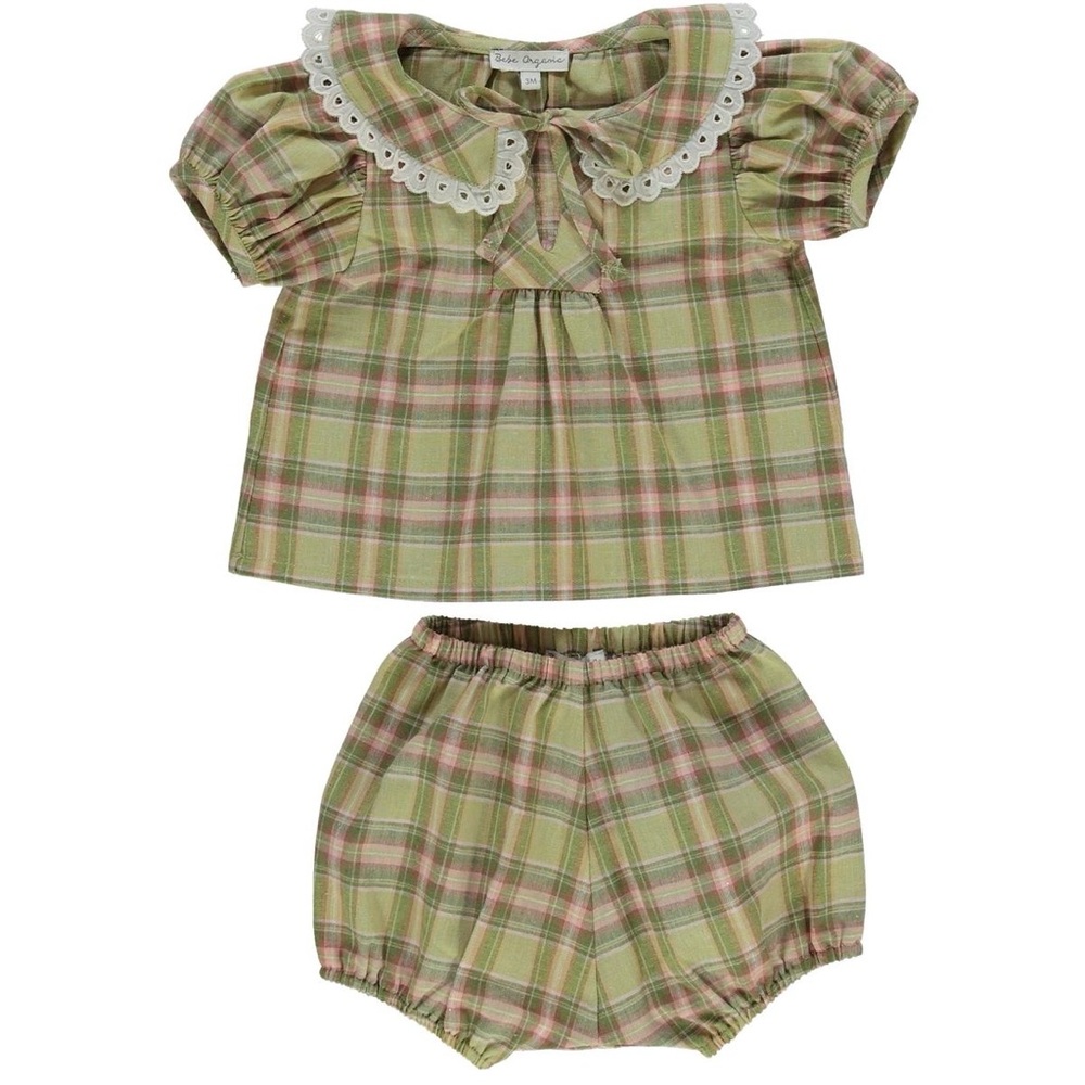 Bebe Organic gingham cotton set in green and pink, Size 18 months